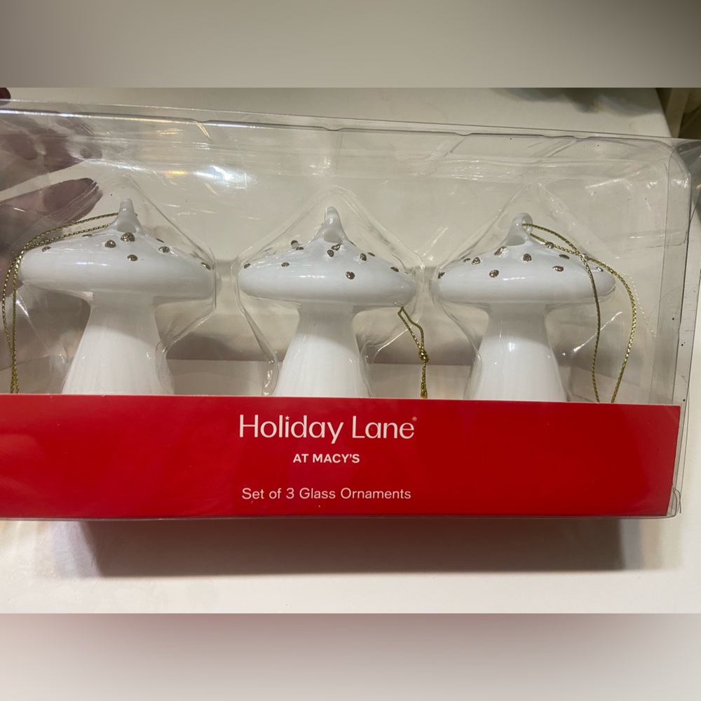New! Holiday Lane White Glass mushroom 🍄‍🟫 Ornaments Set